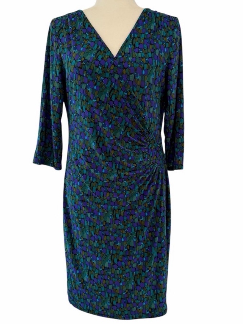 AA Studio AA Purple & Teal Jewel Tone Faux Wrap 3/4 Sleeve Knee Length Dress, 12